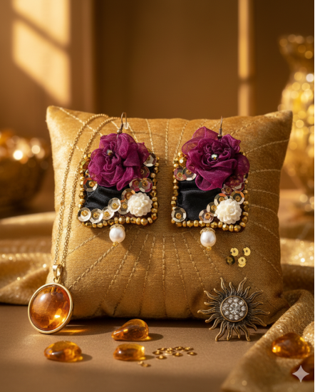 Šité dizajnové náušnice "Slnečná bohyňa"